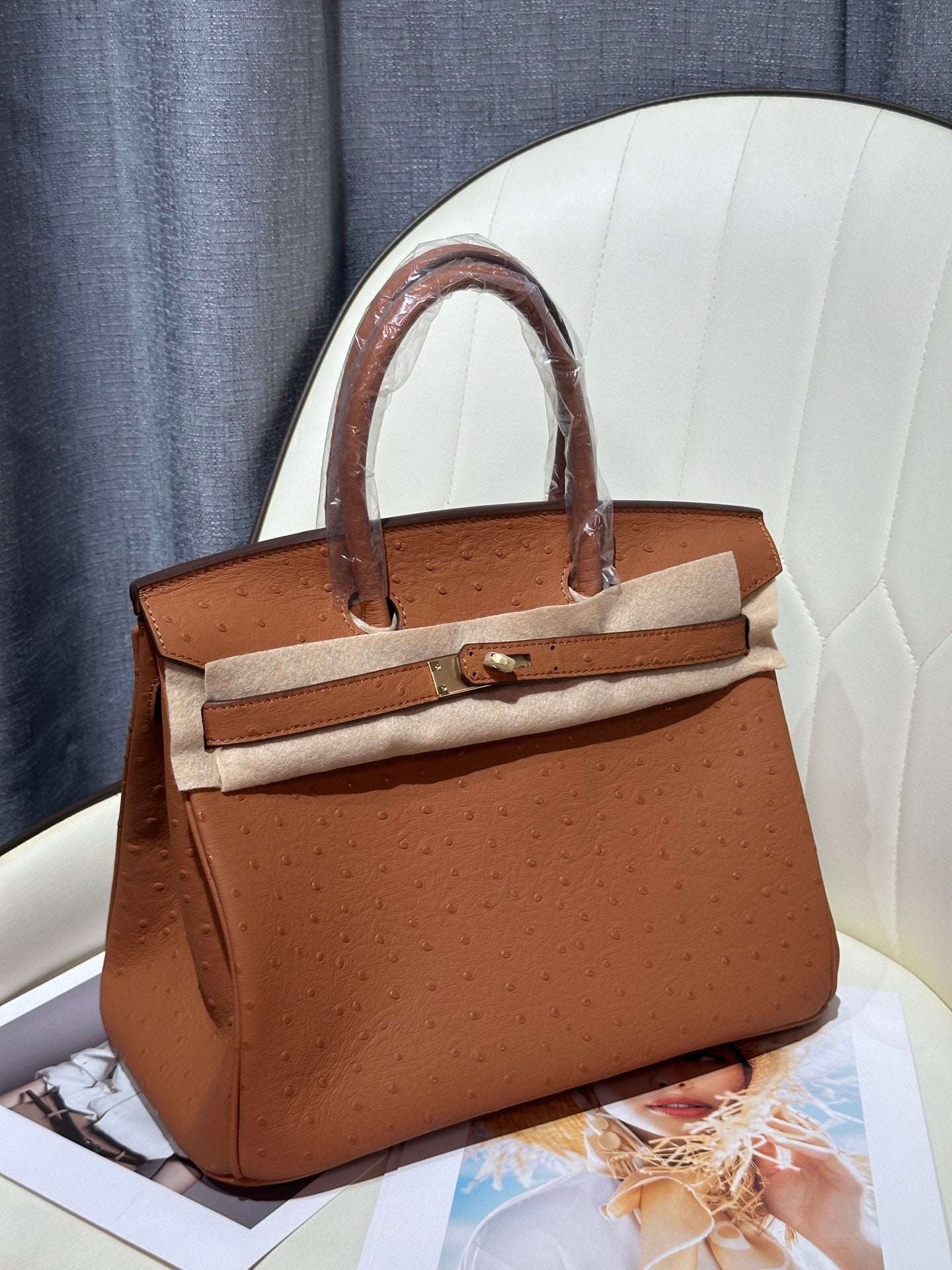 (A) 30 Gold Ostrich Leather (Shoulder Bag)