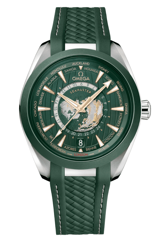 (O)  Seamaster Aqua Terra 150m Master Co-Axial GMT Worldtimer Automatic Green Dial Rubber Strap Men's Watch 220.32.43.22.10.001